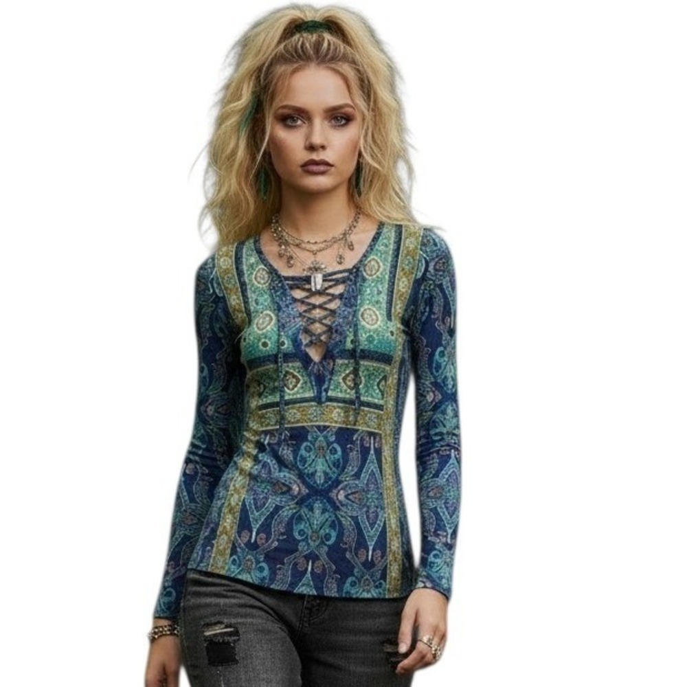 Free People Womens size Medium Aloha Lace Up Fairygrunge Hippie Indie Sleaze Tee
